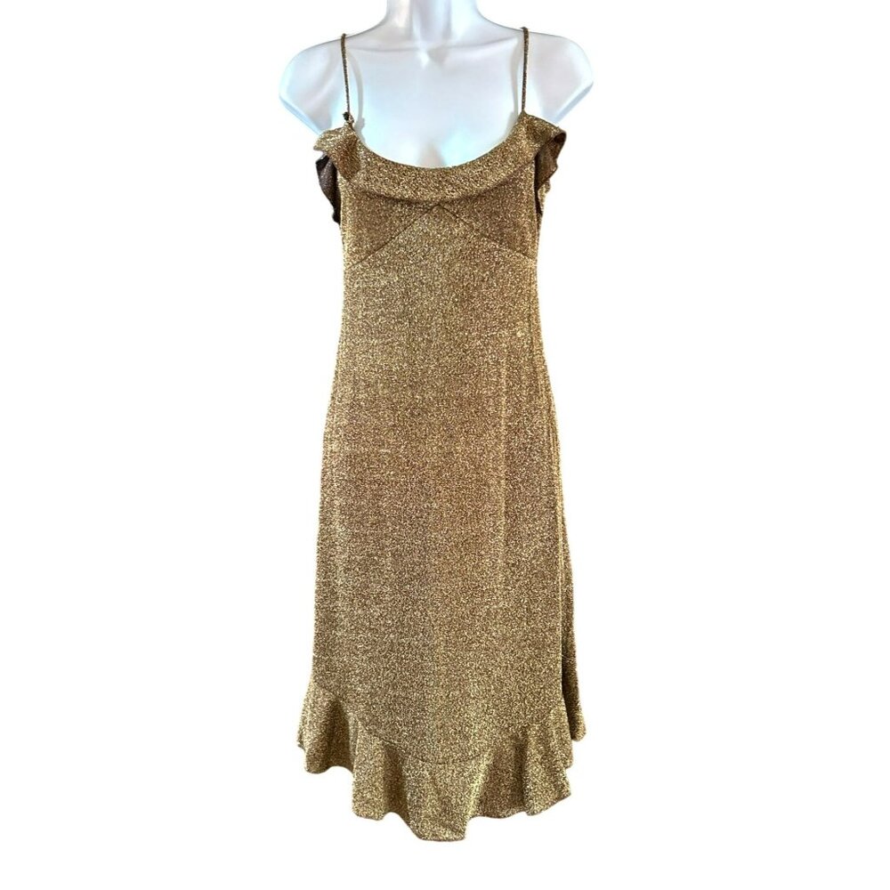 Vintage Chesley Gold Metallic Ruffle Hem Baby Doll Slip Dress Small Y2K 1990s